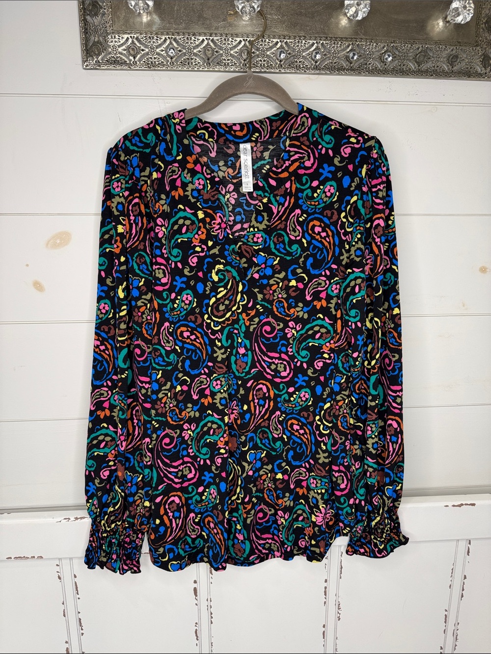 Black Paisley-Print Long Sleeve Blouse with Ruffle Cuffs